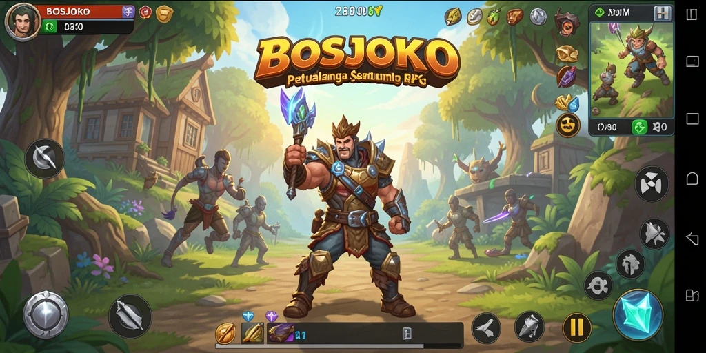 Screenshot utama BOSJOKO menampilkan pertarungan seru dengan karakter utama.