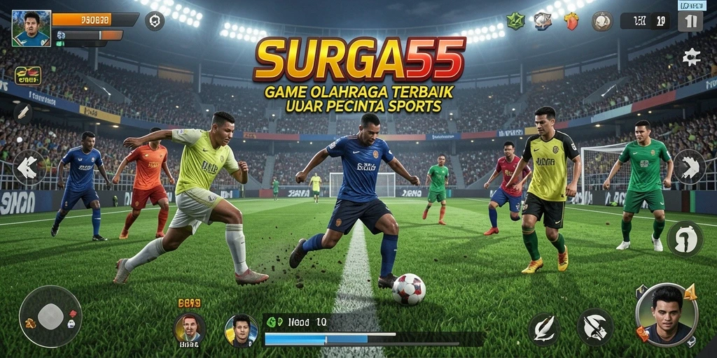 Screenshot utama SURGA55 menampilkan aksi seru dalam pertandingan olahraga.